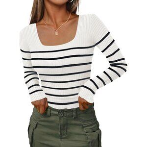 Women's Long Sleeve Pullover Slim Fitted Ribbed Knit Square Neck Black White
